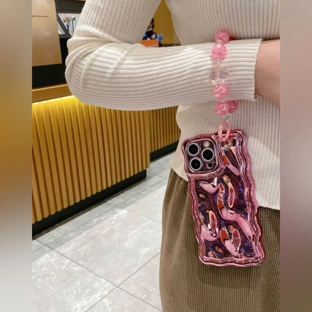 Glossy Pink Wave Case with Beaded Handle for iPhone 15 Pro Max